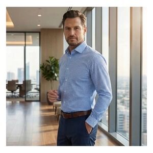 Collars & Co Mens LARGE Apex‎ Dress Shirt Vincento Blue Tattersall Stretch